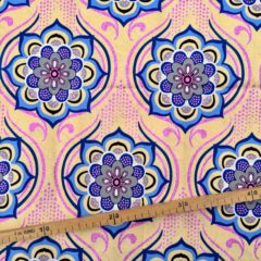 Tissu Wax pailleté beige bleu violet rose poudré imprimé Mandala