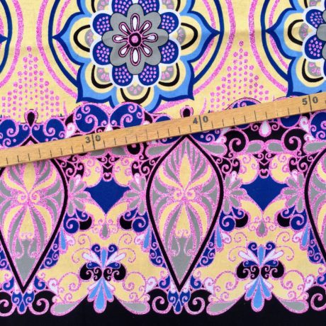 Tissu Wax pailleté beige bleu violet rose poudré imprimé Mandala bordure