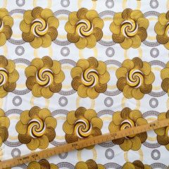 Tissu Wax pailleté blanc beige marron doré imprimé Fleurs spiralées
