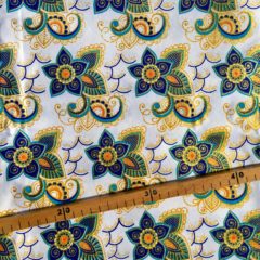 Tissu Wax pailleté bleu blanc doré imprimé Fleurs
