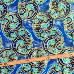 Tissu Wax pailleté bleu doré imprimé Arabesques