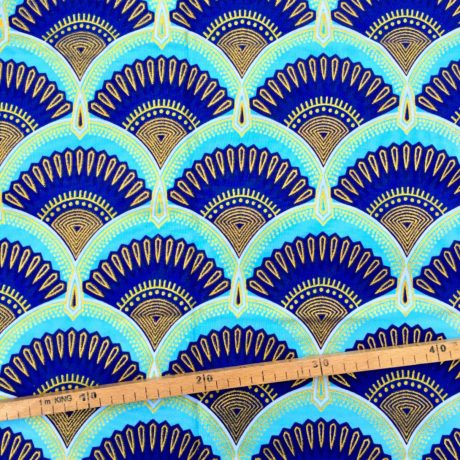 Tissu Wax pailleté bleu doré imprimé Art Deco