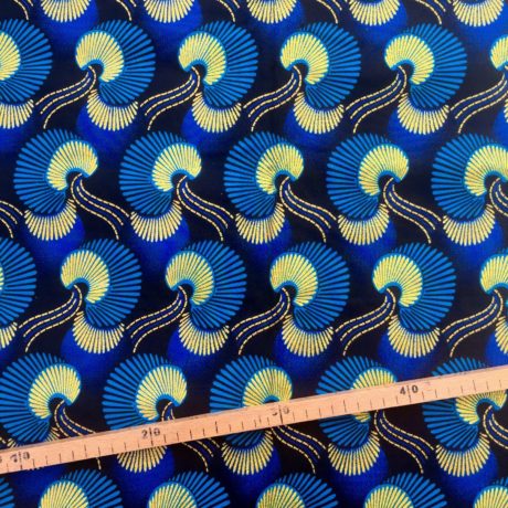 Tissu Wax pailleté bleu doré imprimé Coquillages