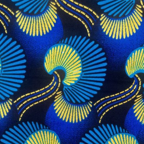 Tissu Wax pailleté bleu doré imprimé Coquillages détail
