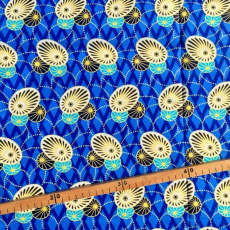 Tissu Wax pailleté bleu doré imprimé Ovales