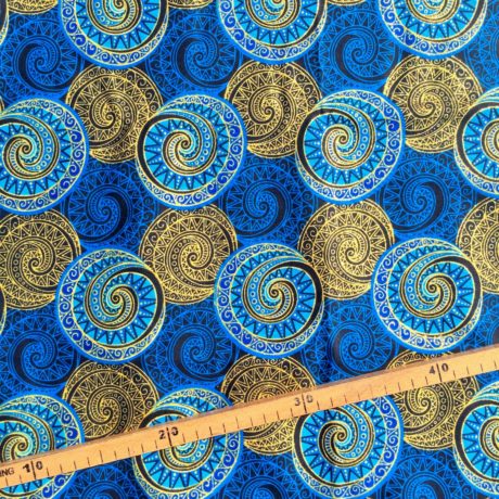 Tissu Wax pailleté bleu doré imprimé Spirales