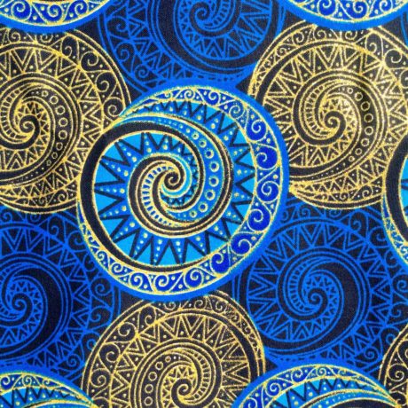 Tissu Wax pailleté bleu doré imprimé Spirales détail