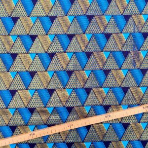 Tissu Wax pailleté bleu doré imprimé Triangles