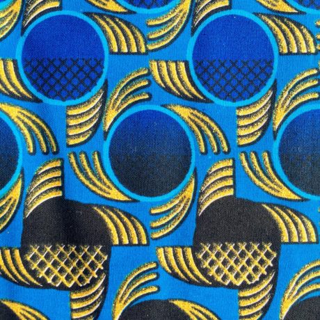 Tissu Wax pailleté dégradé bleu doré imprimé Cercles détail foncé