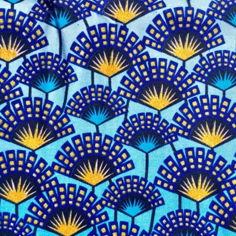 Tissu Wax pailleté dégradé bleu doré imprimé Eventails détail