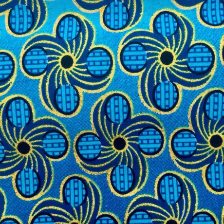 Tissu Wax pailleté dégradé bleu doré imprimé Fleurs détail