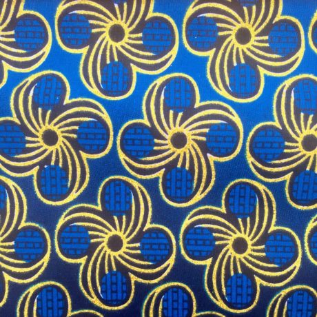 Tissu Wax pailleté dégradé bleu doré imprimé Fleurs détail foncé