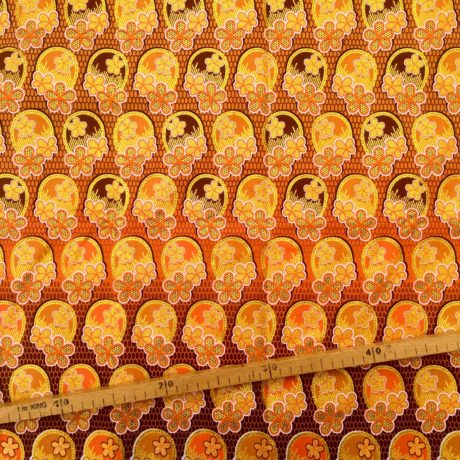 Tissu Wax pailleté jaune orangé marron imprimé 3 Fleurs