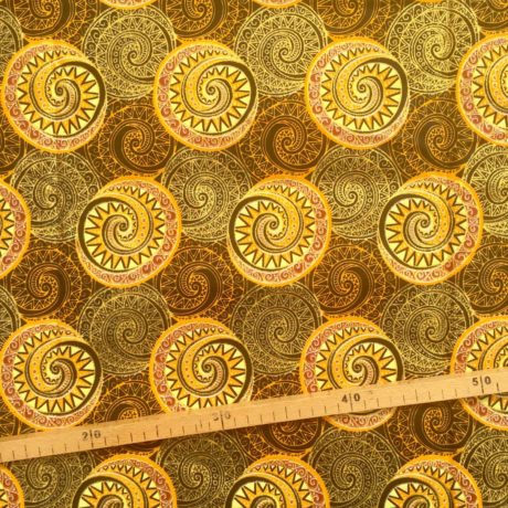 Tissu Wax pailleté marron jaune doré imprimé Spirales