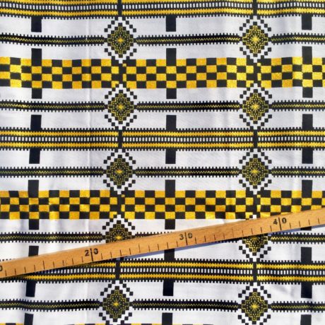 Tissu Wax pailleté noir blanc doré imprimé Kente