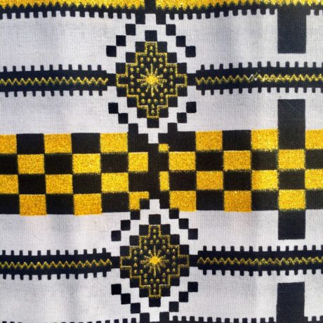 Tissu Wax pailleté noir blanc doré imprimé Kente détail