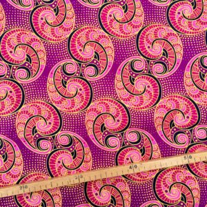 Tissu Wax pailleté rose fuchsia violet doré imprimé Arabesques