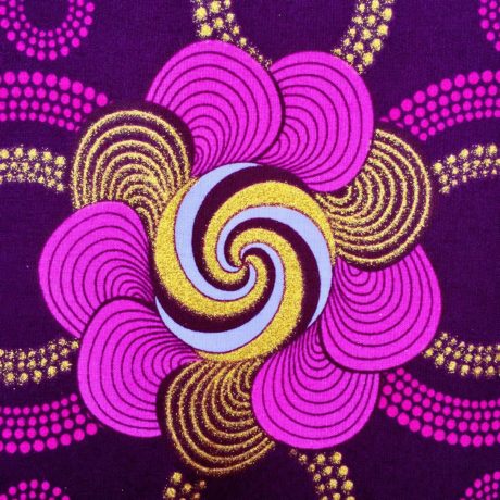 Tissu Wax pailleté rose violet doré imprimé Fleurs spiralées détail