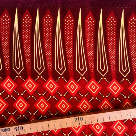 Tissu Wax pailleté rouge bordeaux doré imprimé Losanges détail bordure