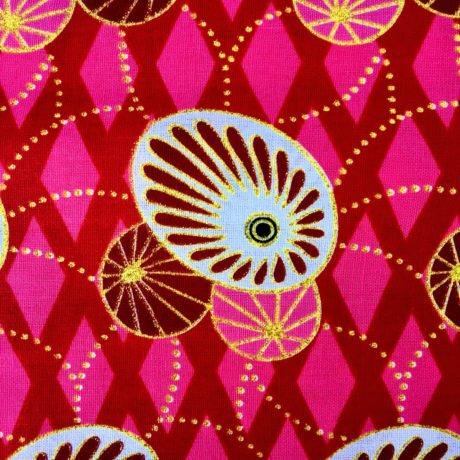 Tissu Wax pailleté rouge rose doré imprimé Ovales détail