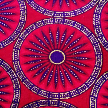 Tissu Wax pailleté rouge violet doré imprimé Rosaces détail
