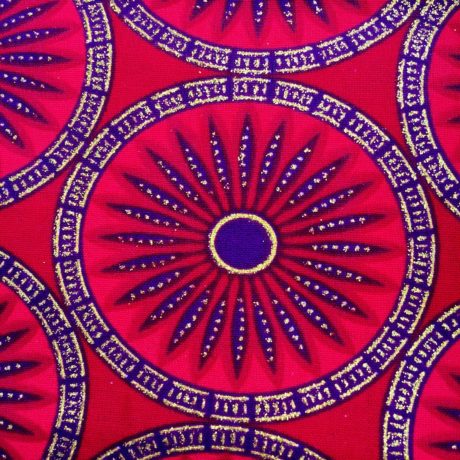 Tissu Wax pailleté rouge violet doré imprimé Rosaces détail
