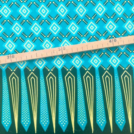 Tissu Wax pailleté turquoise doré imprimé Losanges bordure
