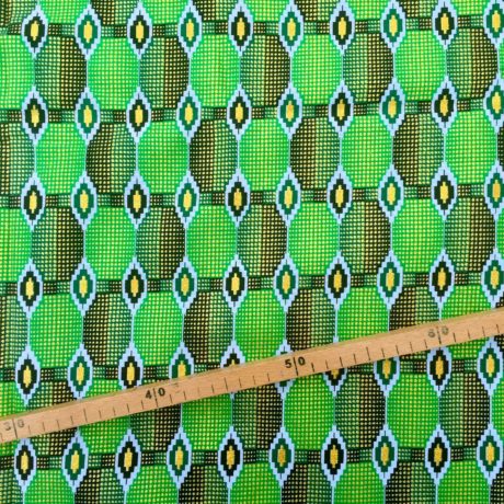 Tissu Wax pailleté vert doré imprimé Géométrique