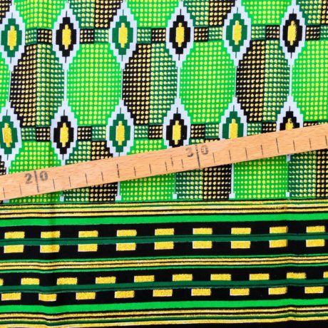 Tissu Wax pailleté vert doré imprimé Géométrique bordure