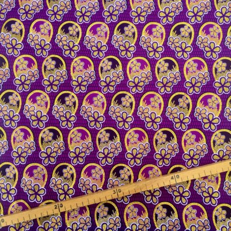 Tissu Wax pailleté violet doré imprimé 3 Fleurs