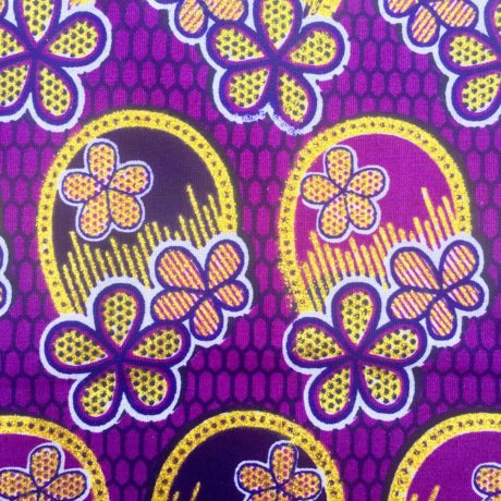Tissu Wax pailleté violet doré imprimé 3 Fleurs détail