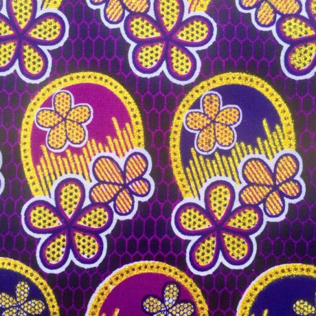 Tissu Wax pailleté violet doré imprimé 3 Fleurs détail foncé