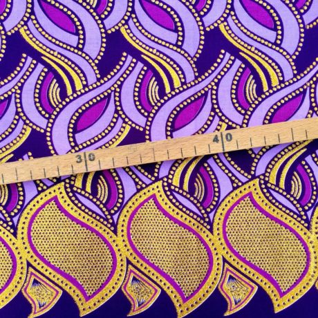Tissu Wax pailleté violet doré imprimé Tresses bordure