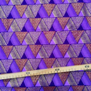 Tissu Wax pailleté violet rouge doré imprimé Triangles