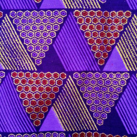 Tissu Wax pailleté violet rouge doré imprimé Triangles détail