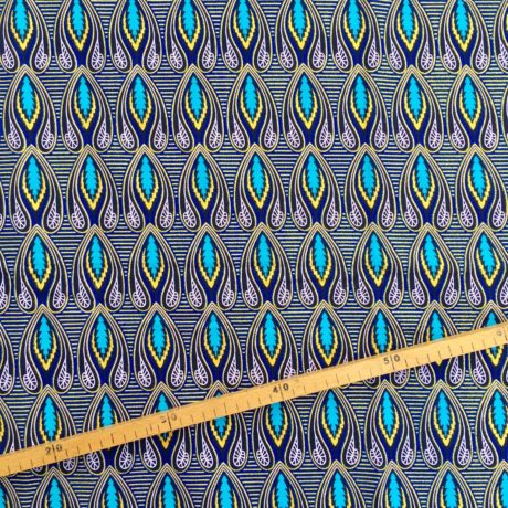 Tissu Wax pailleté bleu imprimé Flammes