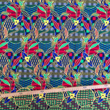 Tissu Wax pailleté bleu vert rouge imprimé Batik