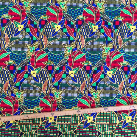 Tissu Wax pailleté bleu vert rouge imprimé Batik