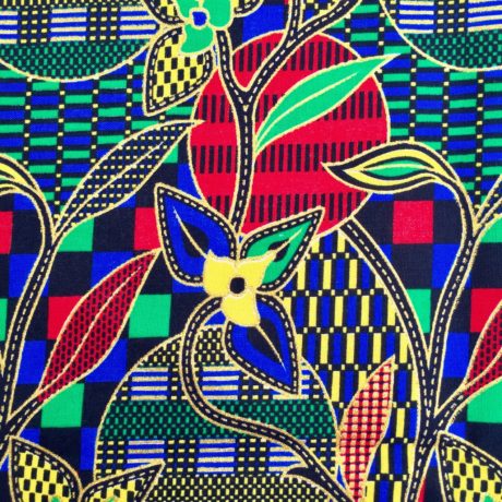 Tissu Wax pailleté bleu vert rouge imprimé Batik détail