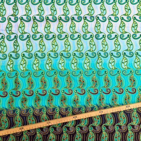 Tissu Wax pailleté dégrade vert marron imprimé Feuilles