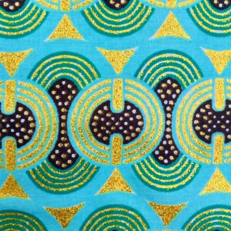 Tissu Wax pailleté dégradé vert turquoise imprimé Planète détail