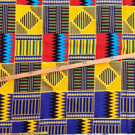Tissu Wax pailleté jaune rouge bleu imprimé Kente