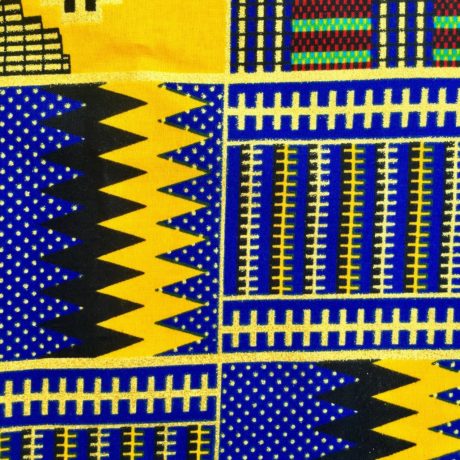 Tissu Wax pailleté jaune rouge bleu imprimé Kente détail bas