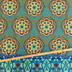 Tissu Wax pailleté kaki bleu électrique imprimé Mandala