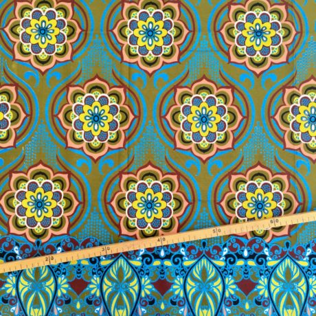 Tissu Wax pailleté kaki bleu électrique imprimé Mandala