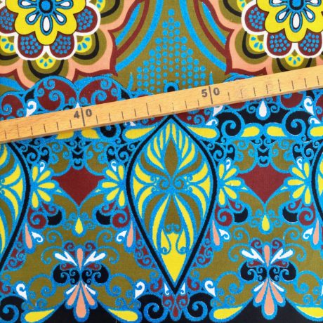 Tissu Wax pailleté kaki bleu électrique imprimé Mandala détail bordure