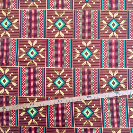 Tissu Wax pailleté marron vert rouge imprimé Amérindien