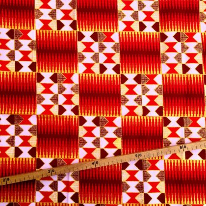 Tissu Wax pailleté rouge blanc imprimé Kente