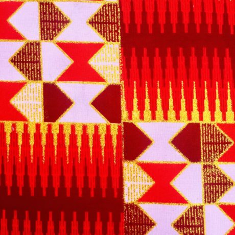Tissu Wax pailleté rouge blanc imprimé Kente détail