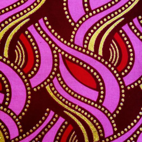 Tissu Wax pailleté rouge doré imprimé Tresses détail